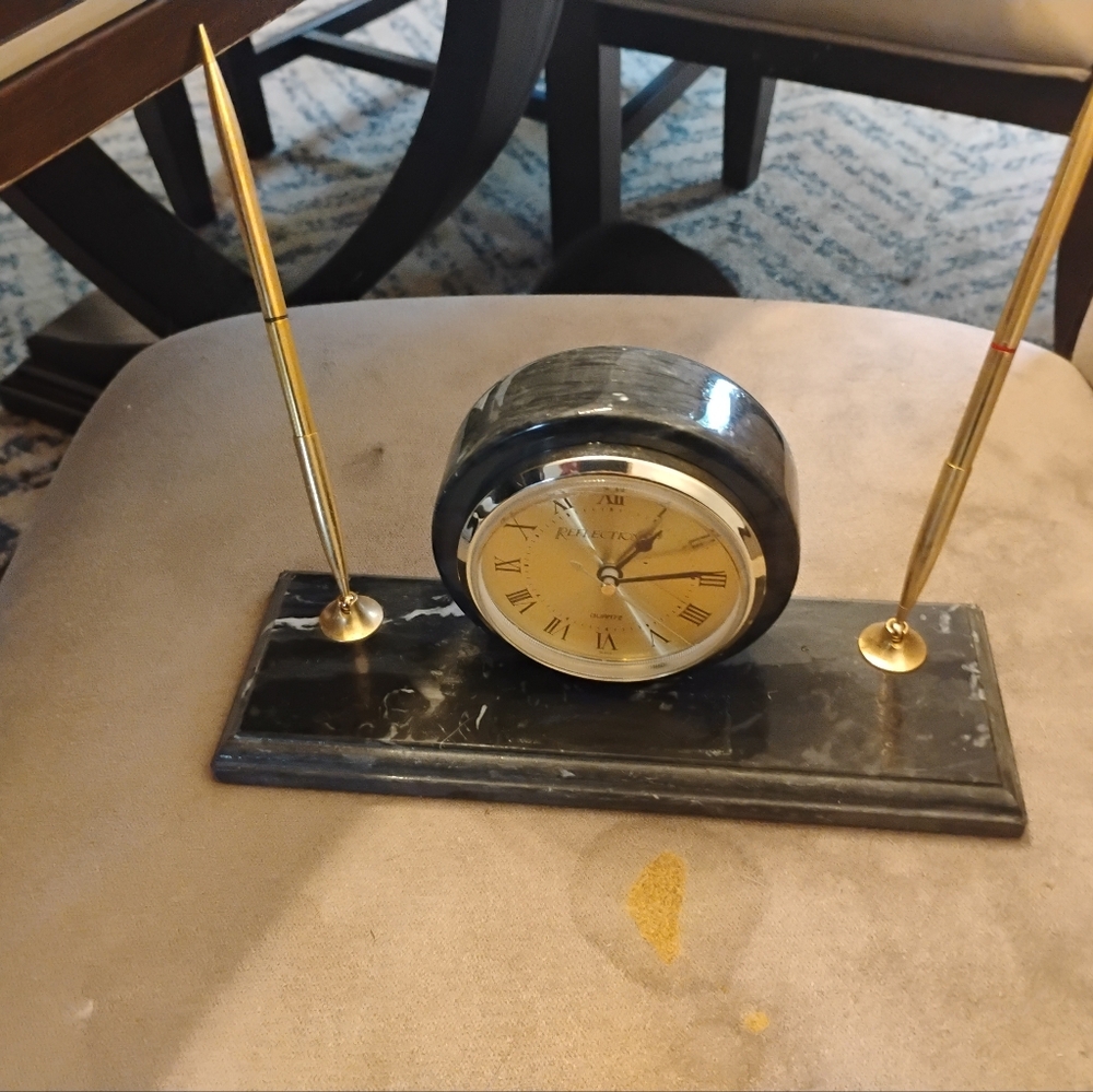 Elegant Vintage Black and Gold Desk Clock with Pen Holders